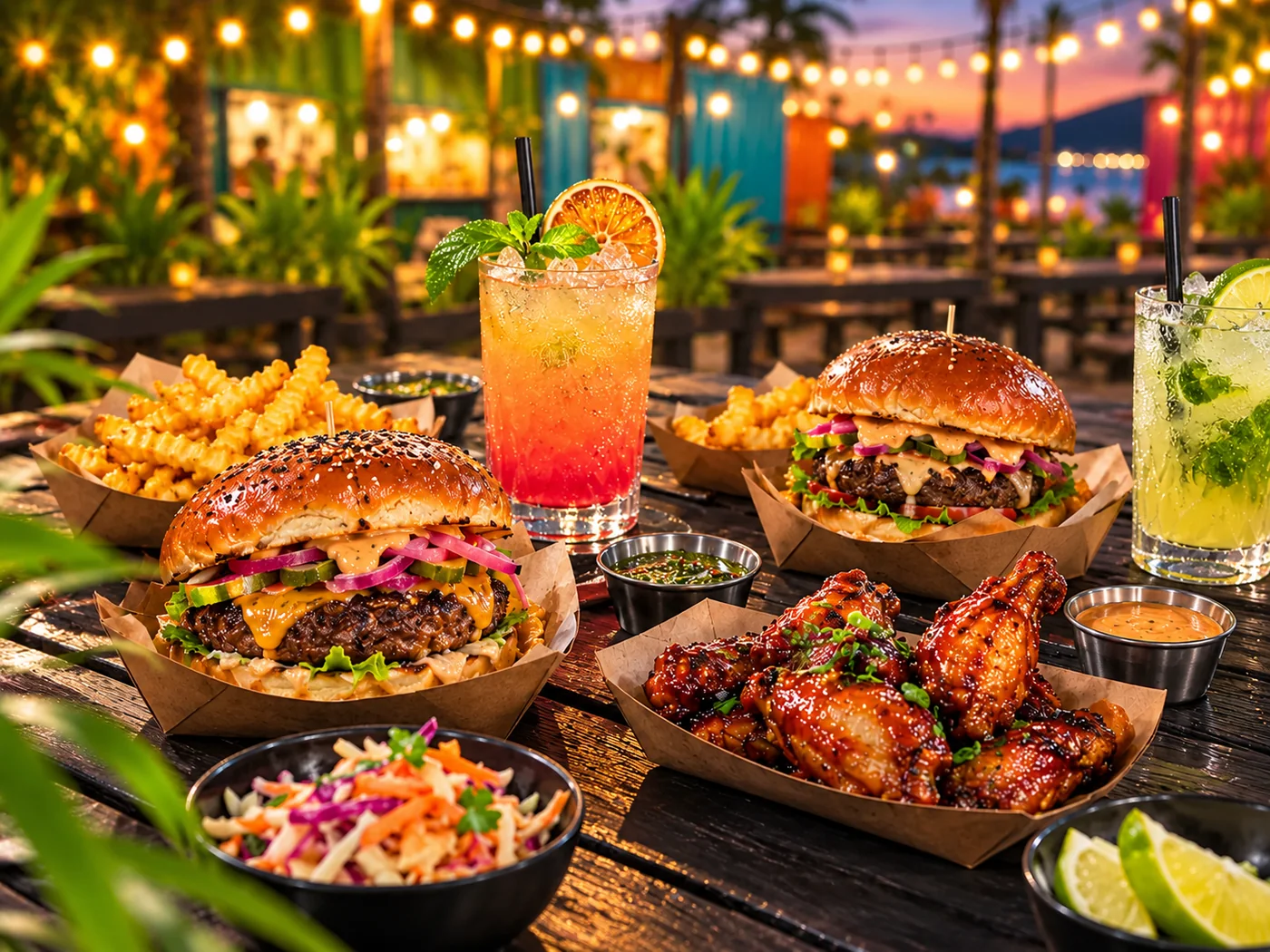 Burgers, wings, fries and colourful drinks on a picnic table