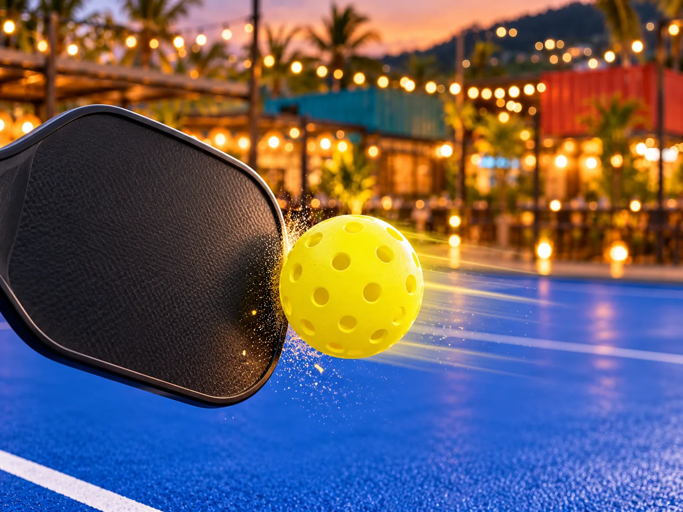 Close-up of a pickleball paddle striking a yellow ball on the court